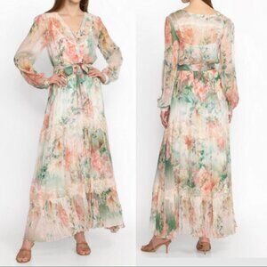 JOHNNY WAS Ruksana Lace Trim Silk V-Neck Button-Front Tiered Maxi Dress L $550